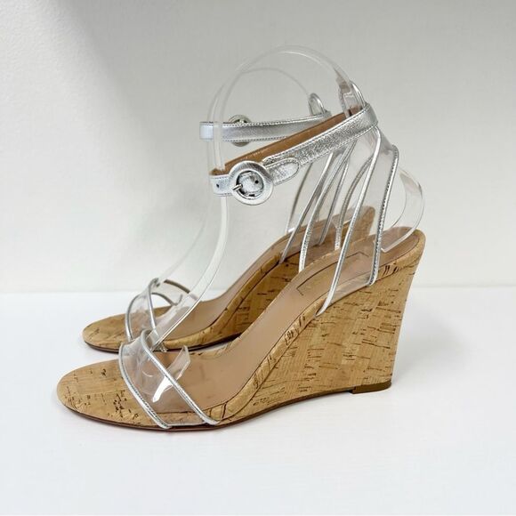 Aquazzura Shoes - Aquazzura Silver PVC/Leather Open Toe Ankle Strap Cork Wedge Sandals Clear 37